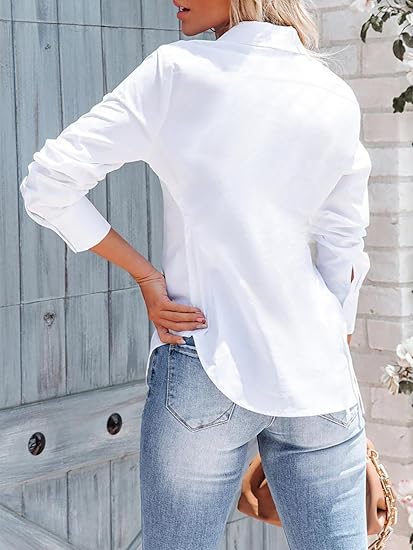 siliteelon - Camisas de vestir de manga larga con botones para mujer, sin arrugas, cuello para trabajo, oficina, unicolor, blusas con corsé