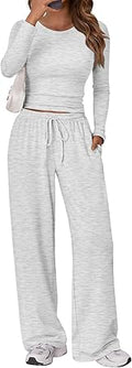 Conjunto de 2 piezas a juego para mujer, conjunto informal de ombliguera de manga larga y pantalones de pierna ancha
