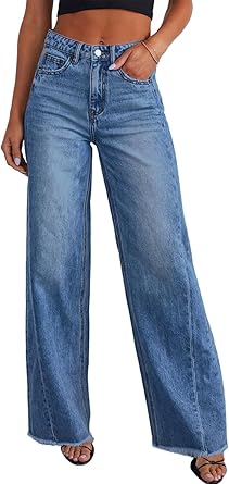 Jeans de pierna ancha para mujer, de cintura alta, elásticos, con dobladillo sin rematar
