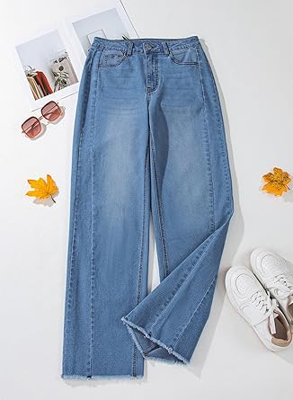 Jeans de pierna ancha para mujer, de cintura alta, elásticos, con dobladillo sin rematar